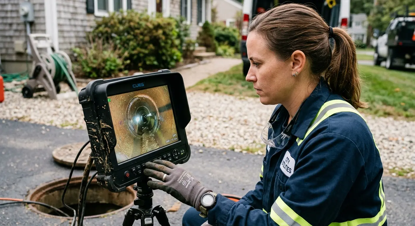 Technician reviewing sewer camera inspection footage in La Presa