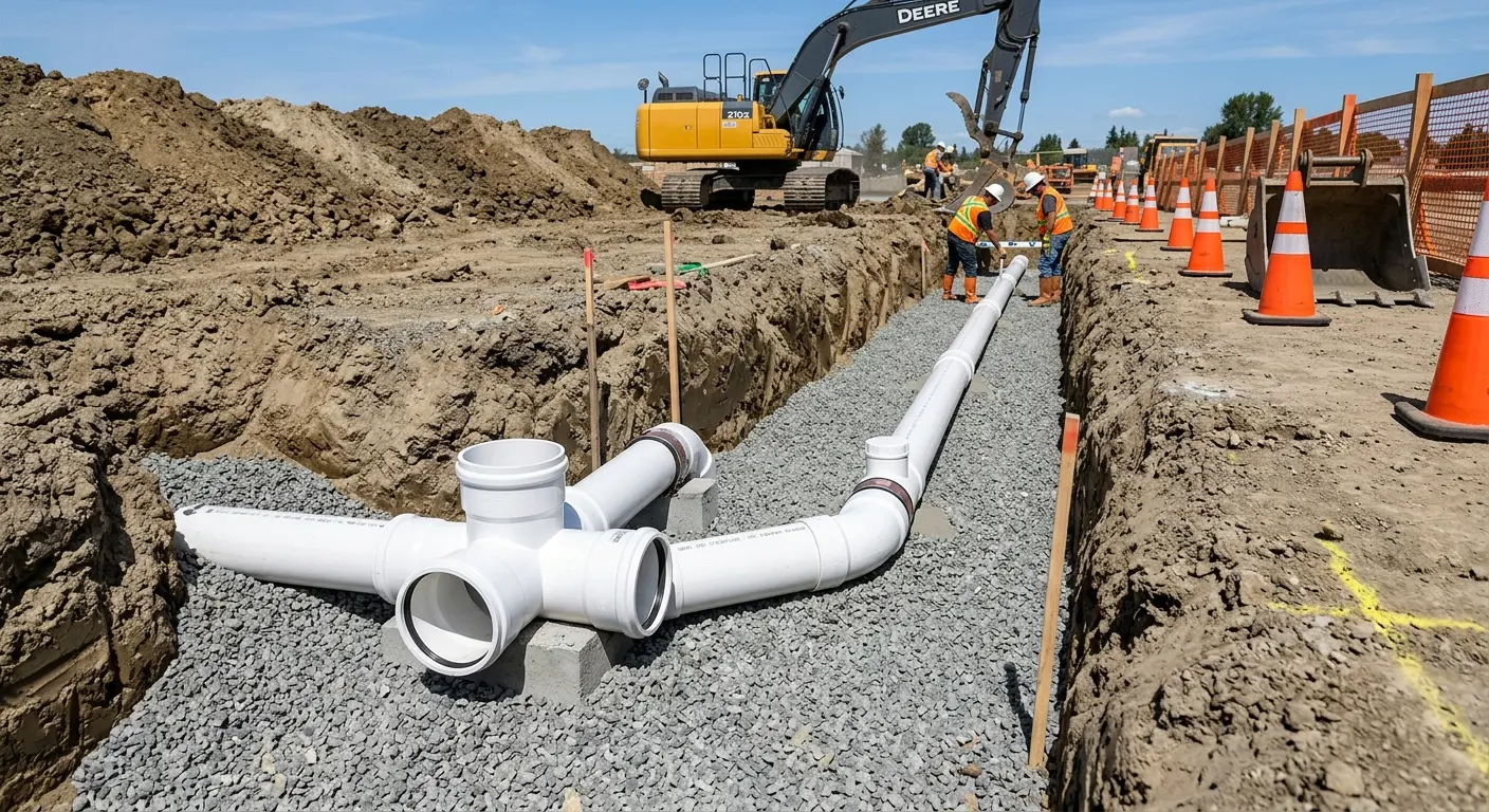 New PVC sewer pipe installation in open trench for Sewer Backup in La Presa