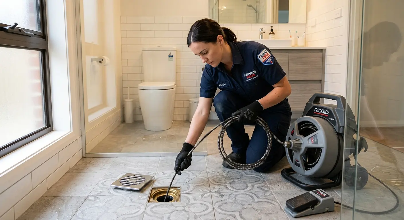 Technician clearing a bathroom floor drain for Drain Cleaning in La Presa